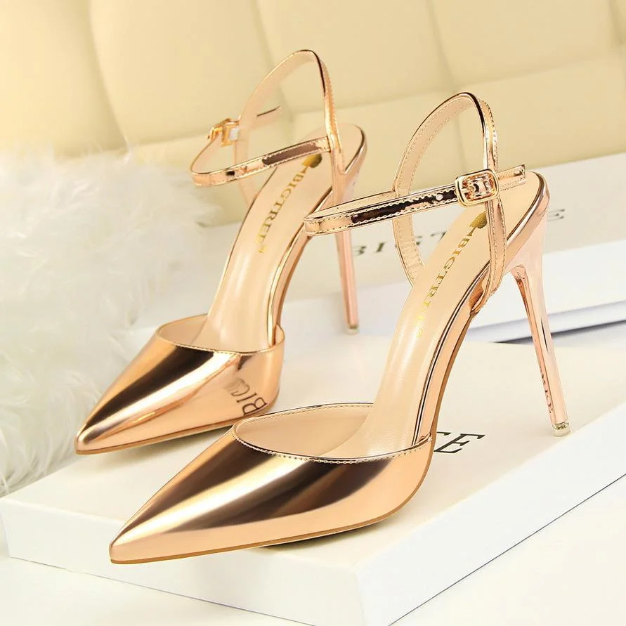 Simple stiletto super high heel shallow pointy patent leather sexy flat sandals