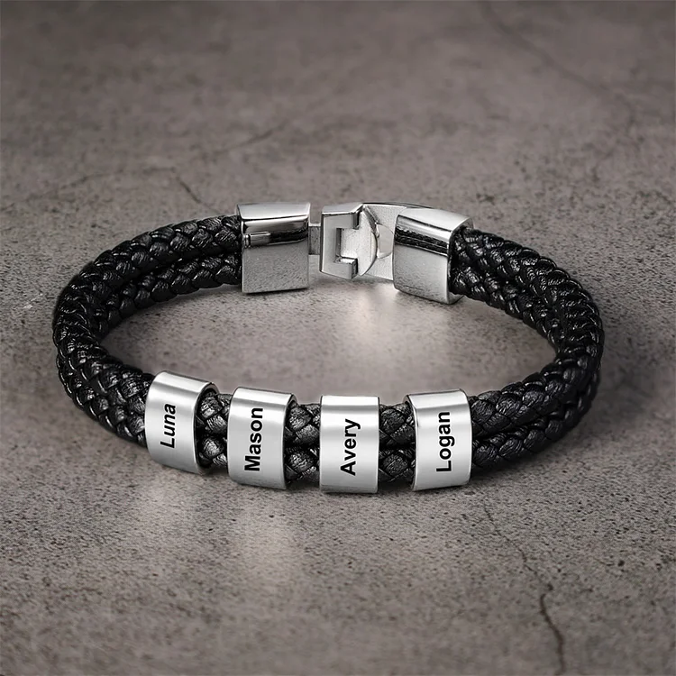 Men Leather Bracelet | Best Father's Gift | Engraved Beads Custom Two ...