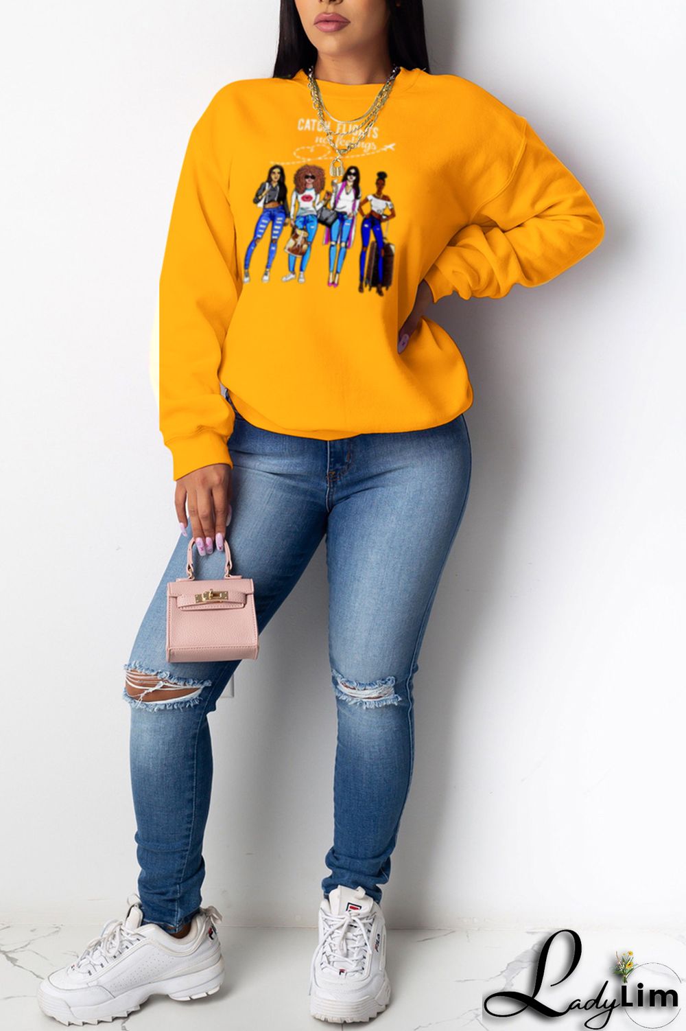 Yellow Fashion Street Print Patchwork O Neck Tops