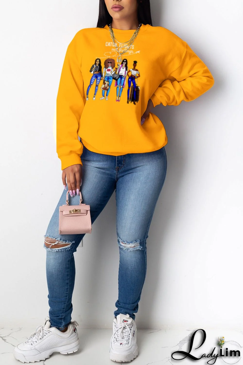 Yellow Fashion Street Print Patchwork O Neck Tops