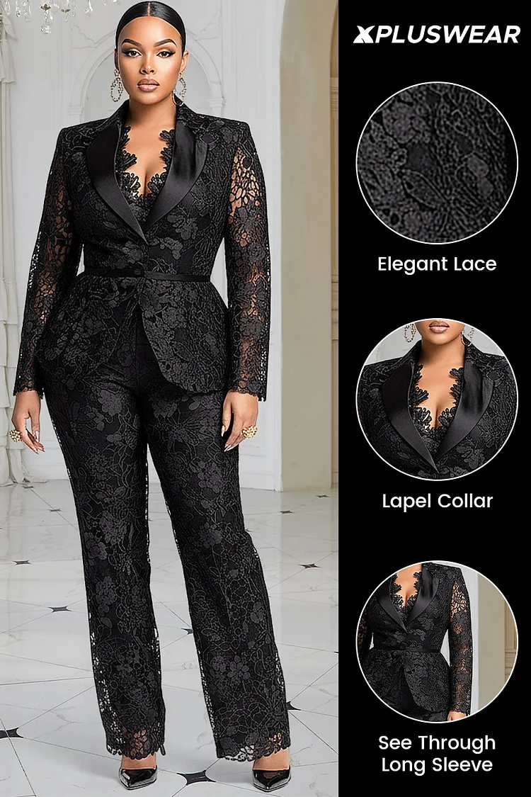 Xpluswear Design Plus Size Formal Black Lapel Collar Long Sleeve See Through Elegant Contrast Lace Two Piece Pant Suits [Pre-Order]