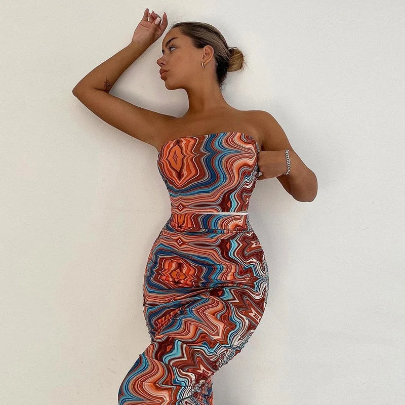 Hawthaw Women Fashion Summer Strapless Sleeveless Printed Bodycon Package Hip Tube Dress 2021 Female Clothing Streetwearkl