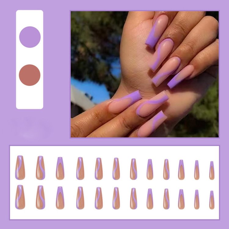 24pcs/Set Fake Nails Extra Long Purple Wave Acrylic Ballerina Nail Art with Glue Removable False Nails Full Manicure Tips