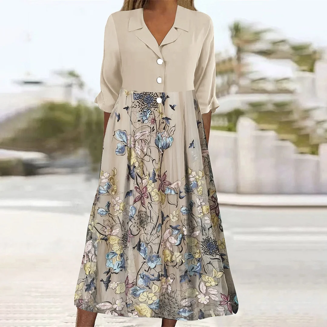 Women Casual Loose Dress with Pockets in Pattern Floral, Beige, Blue