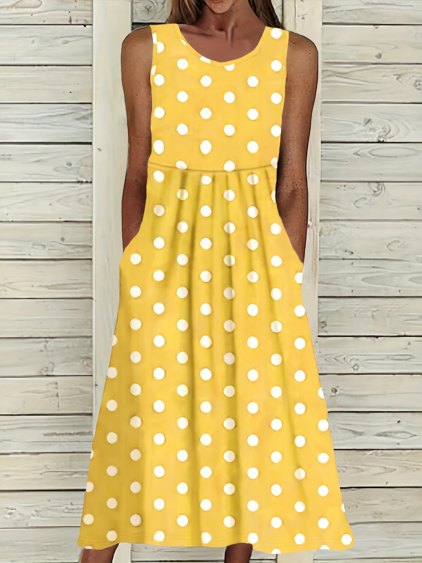 Elegant A-Line Dress | Women's Casual, Polka Dot Print, Round Neck, Elastic Waist, Machine Washable, Pockets, All-Season Versatile Wear, Cinched Waist Style, Comfortable Fabric | IFYHOME