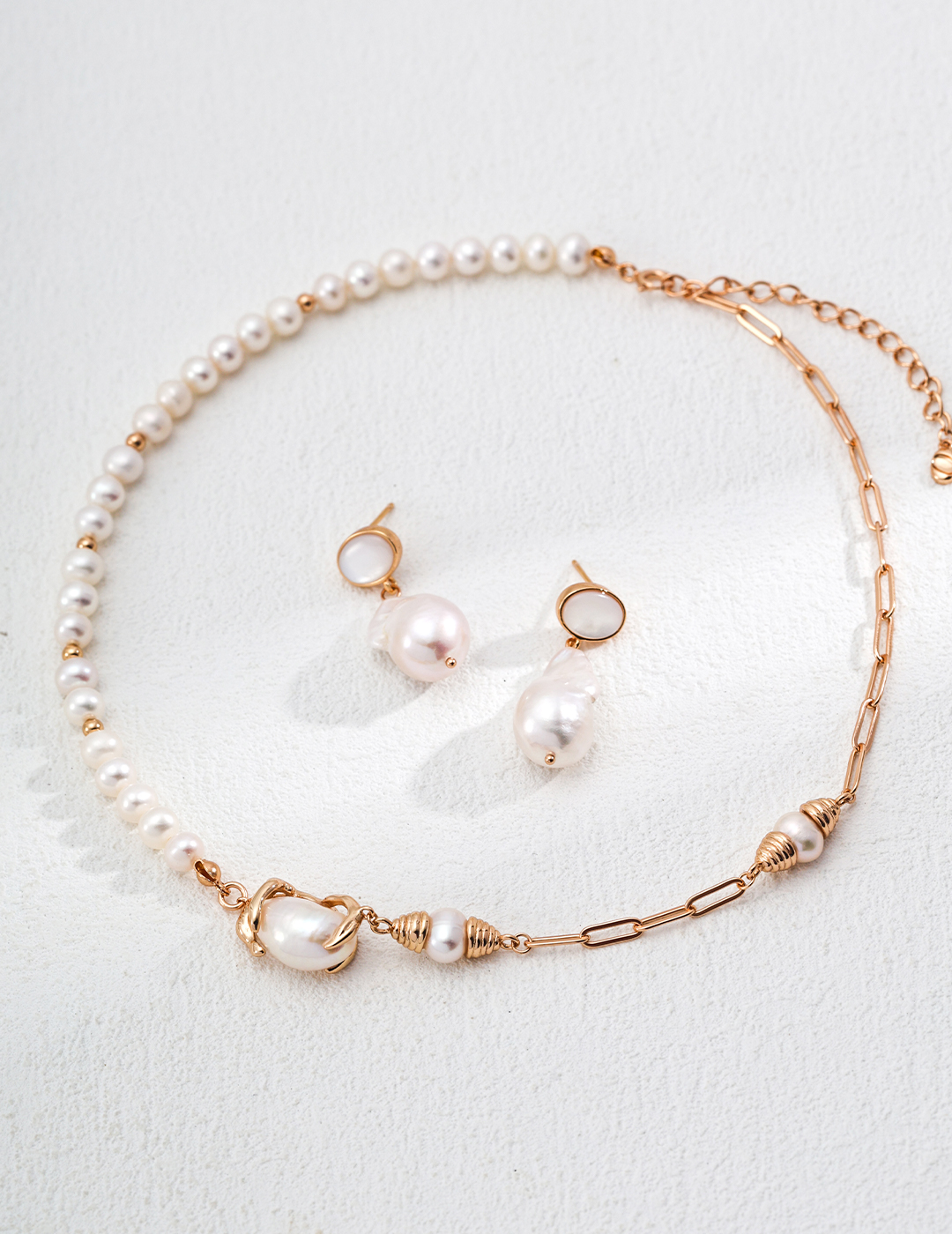  Asymmetric Pearl Necklace & Earrings Set