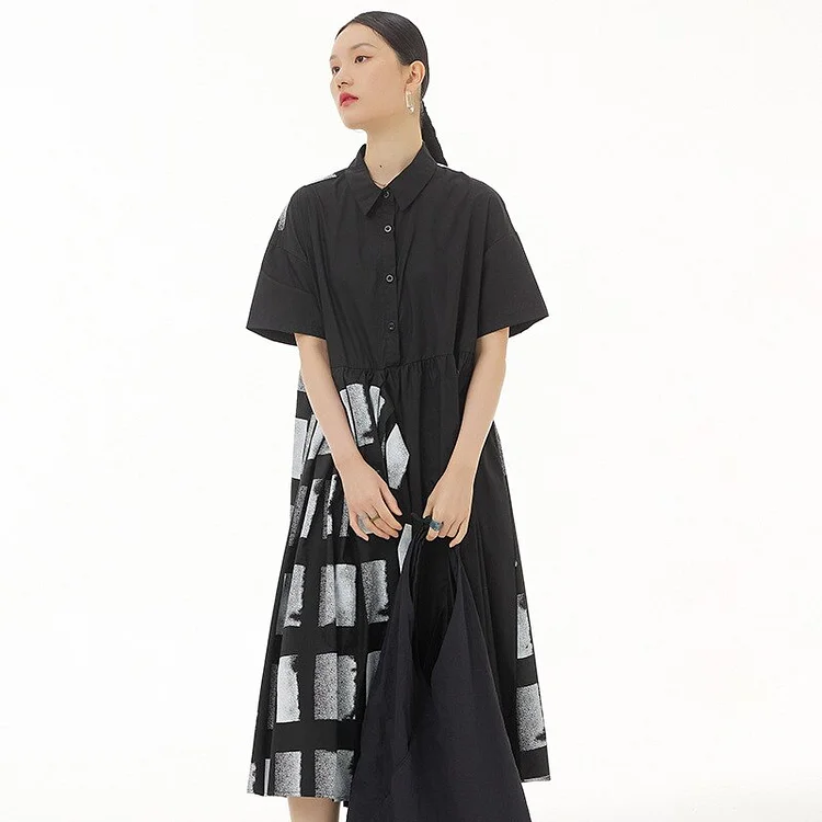 Stylish Lapel Contrast Color Plaid Folds Splicing Irregular Patchwork Shirt Dress