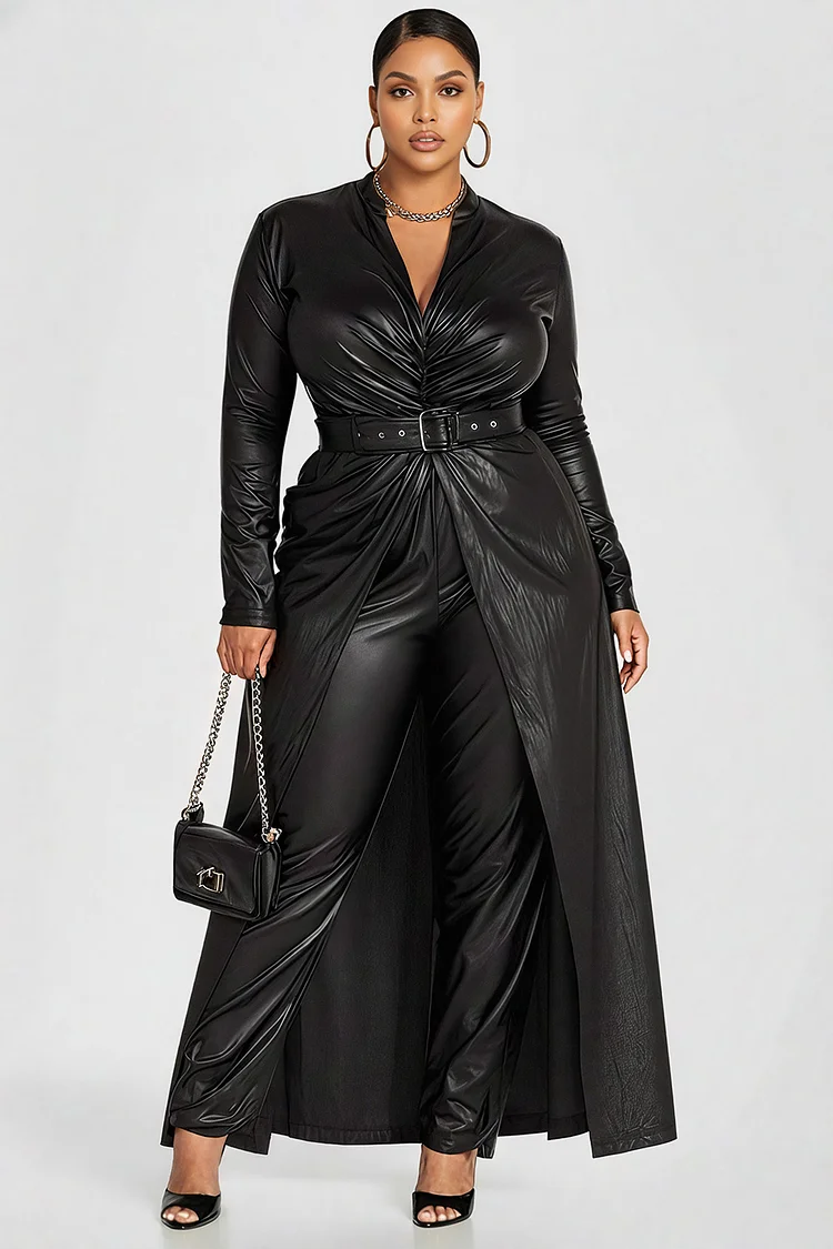 Xpluswear Design Plus Size Formal Black V Neck Long Sleeve With Skirt Overlay Elegant Ruffled PU Leather Jumpsuits [Pre-Order]