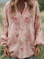 Women's Vintage Rose Art Pattern V-neck Loose Blouse