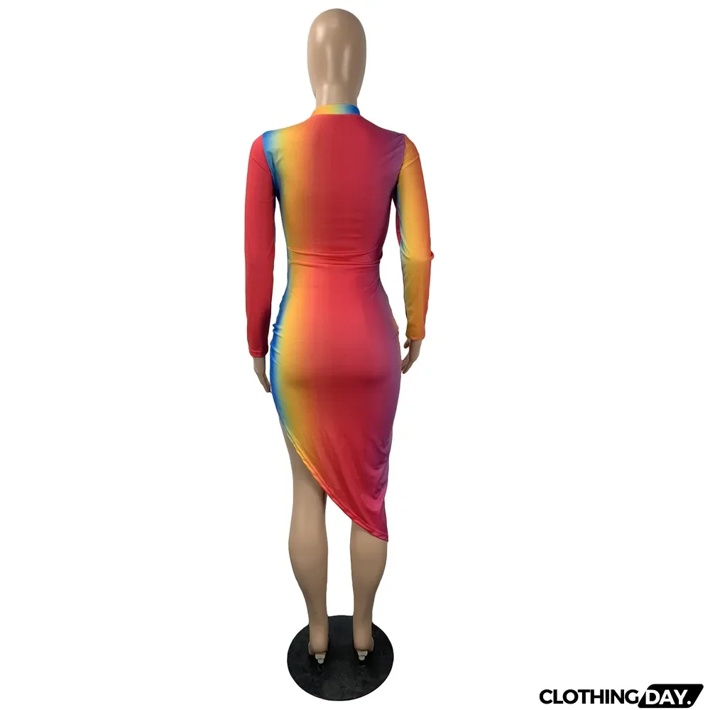 Sexy Gradient Long Sleeve Irregular Midi Dress