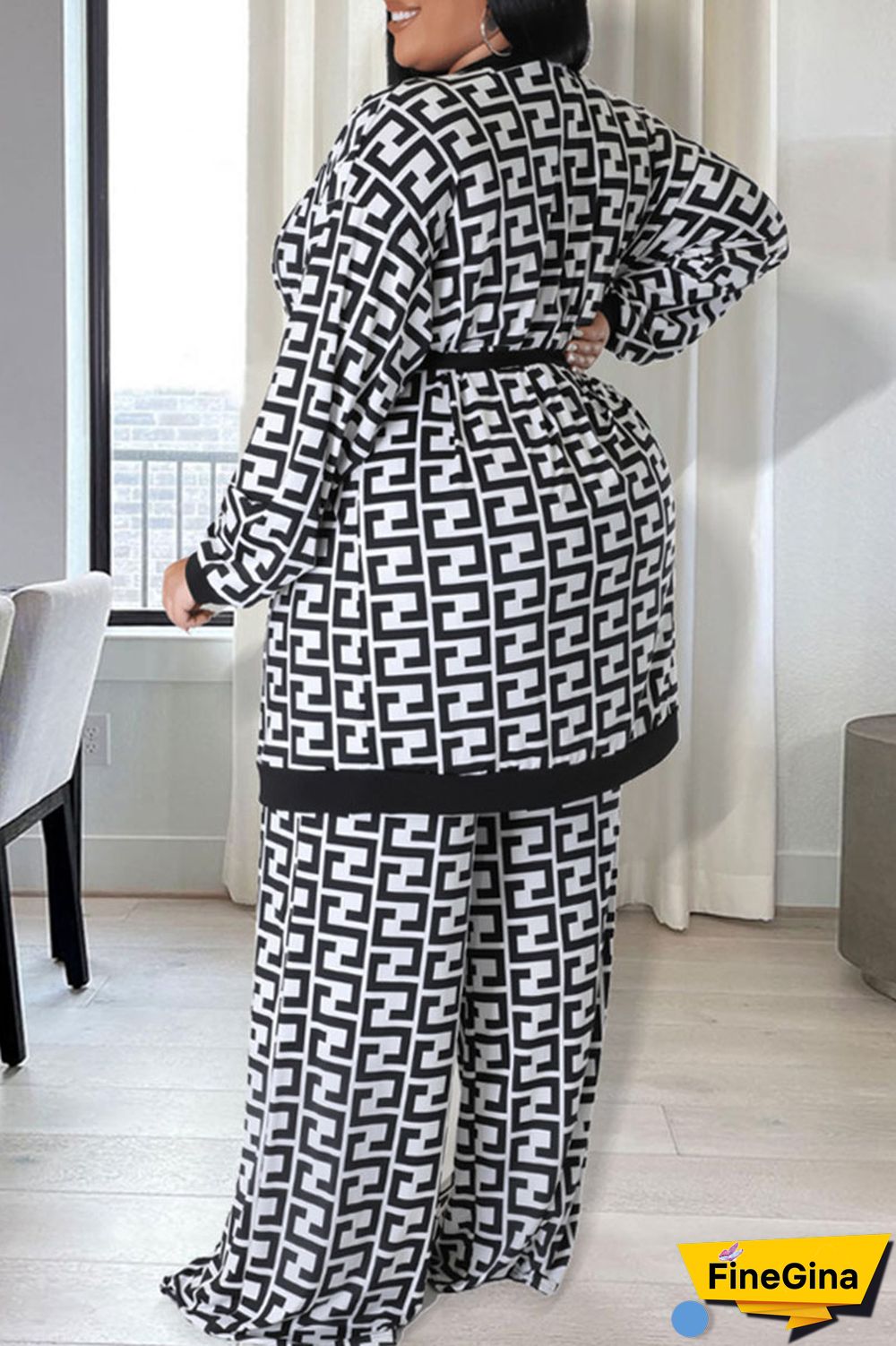 Black White Casual Print Bandage Patchwork Plus Size Two Pieces