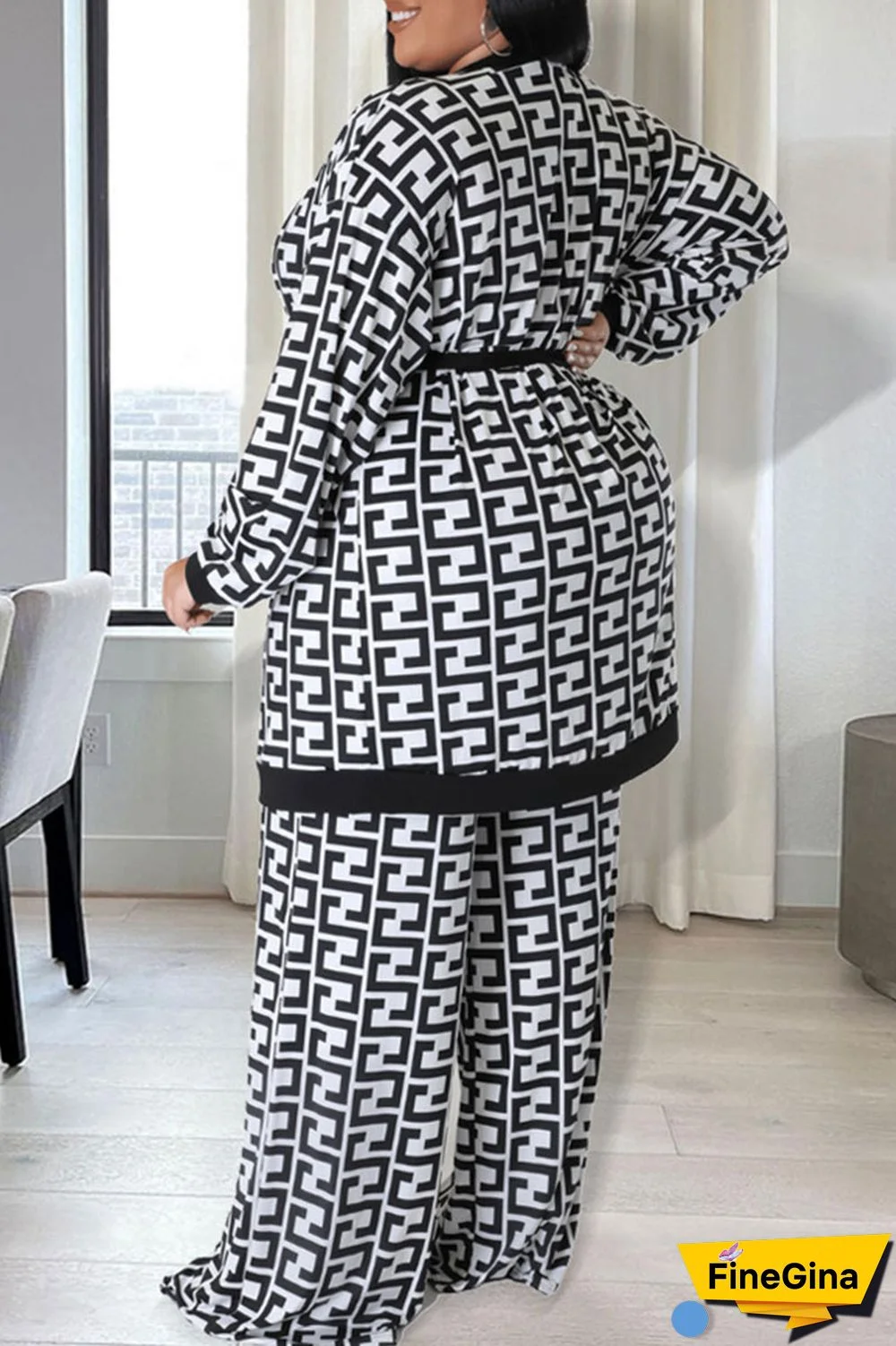 Black White Casual Print Bandage Patchwork Plus Size Two Pieces
