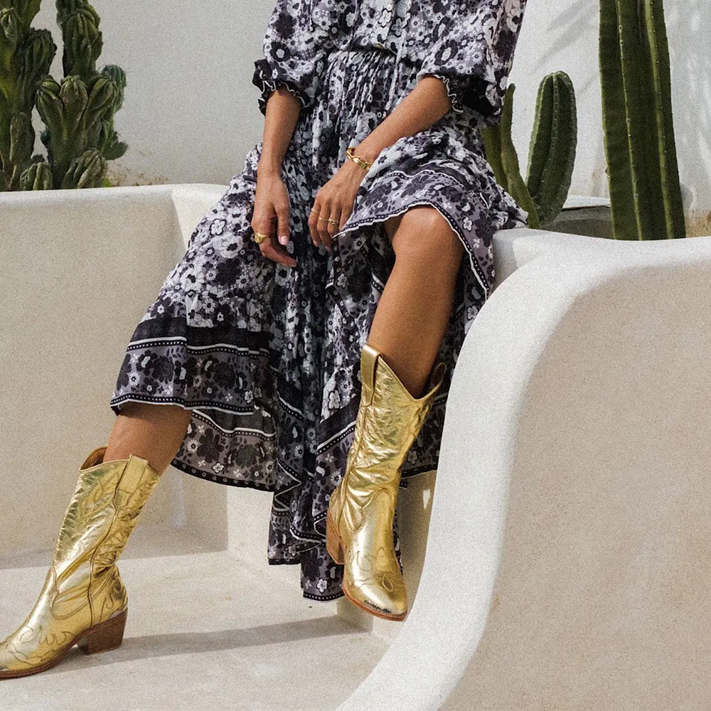 Gold Stacked Heel Closed Toe Stitching Western Boots for Women