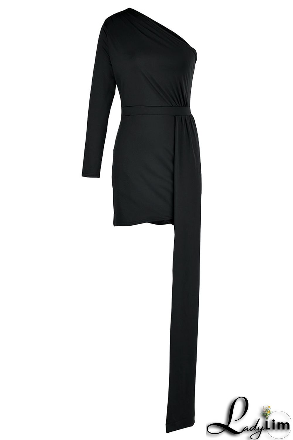 Black Elegant Solid Patchwork Oblique Collar Pencil Skirt Dresses