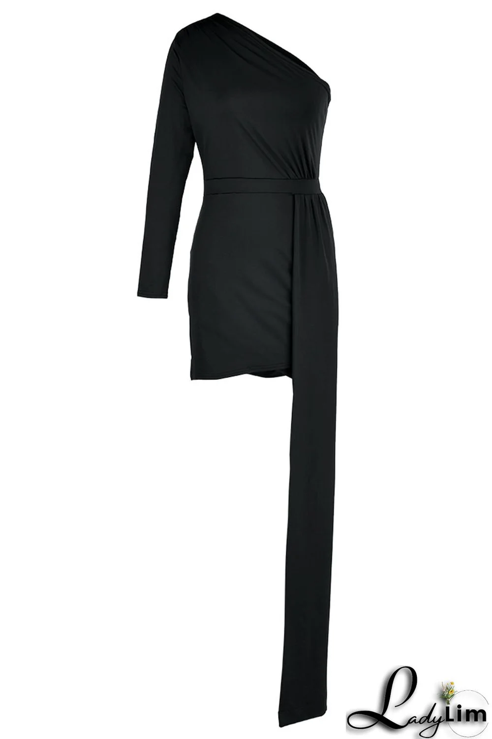 Black Elegant Solid Patchwork Oblique Collar Pencil Skirt Dresses