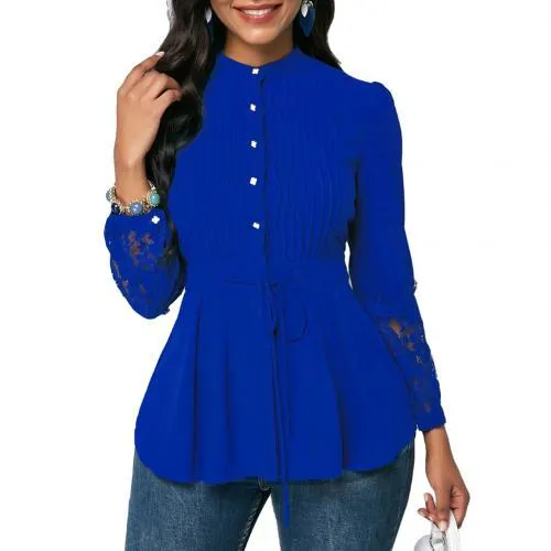 Office Lady Plus Size Stand Collar Lace Stitching Cuff Waist Drawstring Shirt Solid color shirt decorated lace stitching cuff