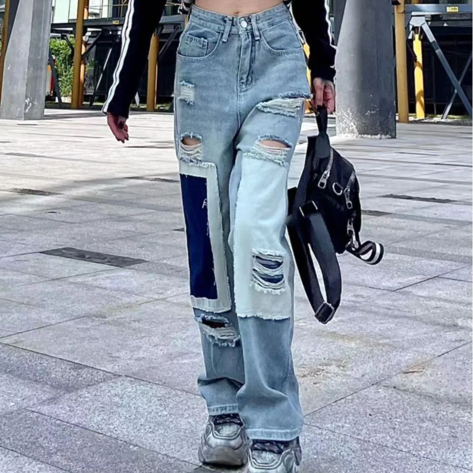 Women's Hip Hop Y2K Jeans Slim Patchwork Ripped Straight Long Jeans
