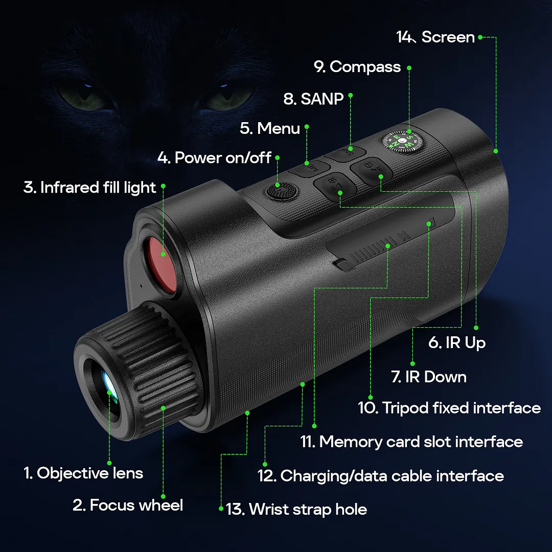 BEBANG 10X Night Vision Monocular, 1080P Infrared Monocular with 2" HD Screen, 2200mAh Rechargeable Battery for Camping Hiking & Security, 32GB