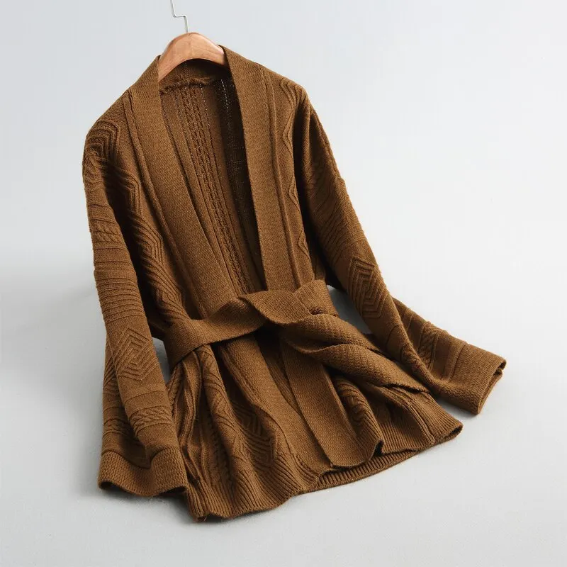 women cardigans and coat casual solid color sweater cardigan sweater thick decorative belt
