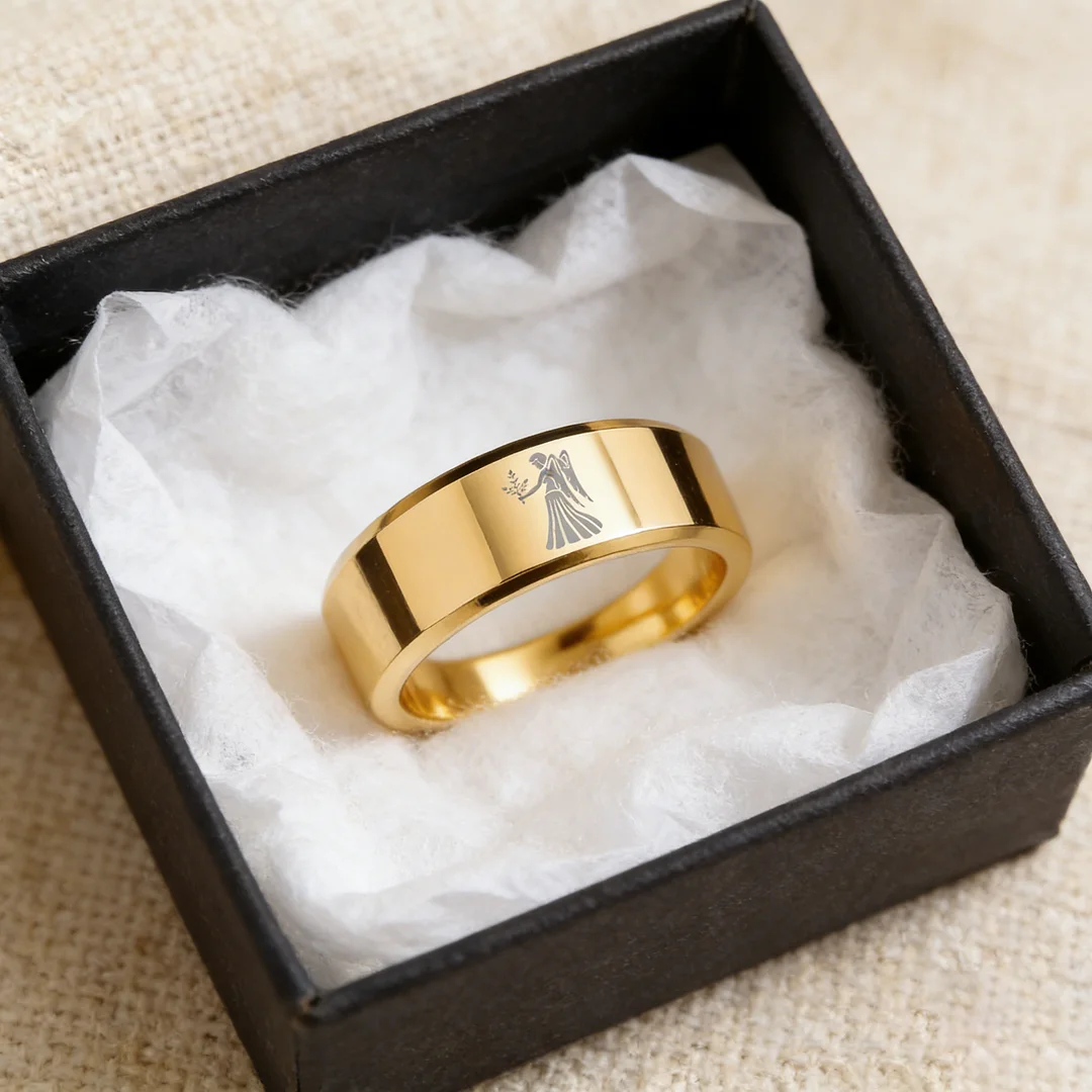 Beveled Edges Gold Laser Etched Tungsten Carbide Rings Gold Virgo Couple Wedding Band 4MM 6MM 8MM Width