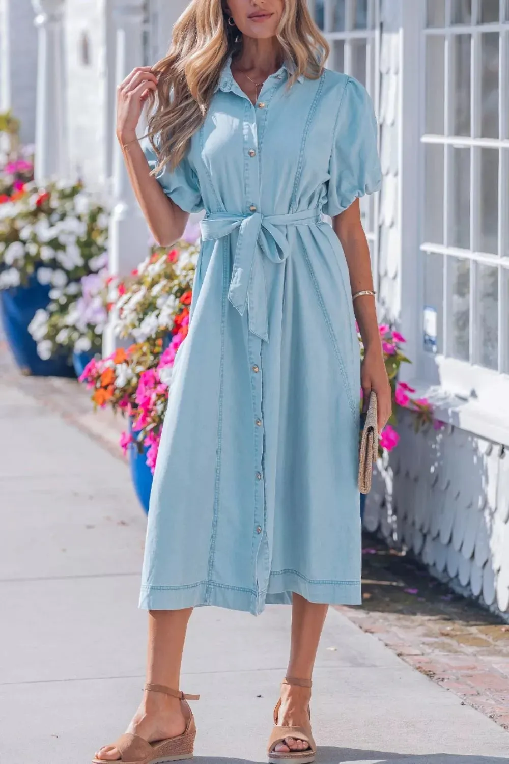 Full Buttons Collared Short Bubble Sleeve Long Denim Dress mysite idetrend