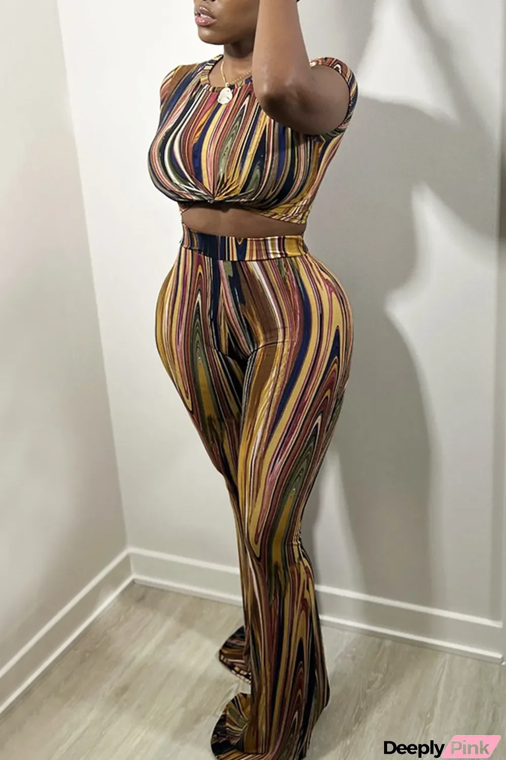 Brown Casual Print Split Joint O Neck Short Sleeve Two Pieces
