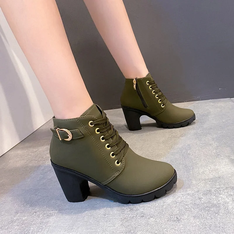 New Spring Winter Women Pumps Boots High Quality Lace-up European Ladies Shoes PU High Heels Boots Fast Delivery