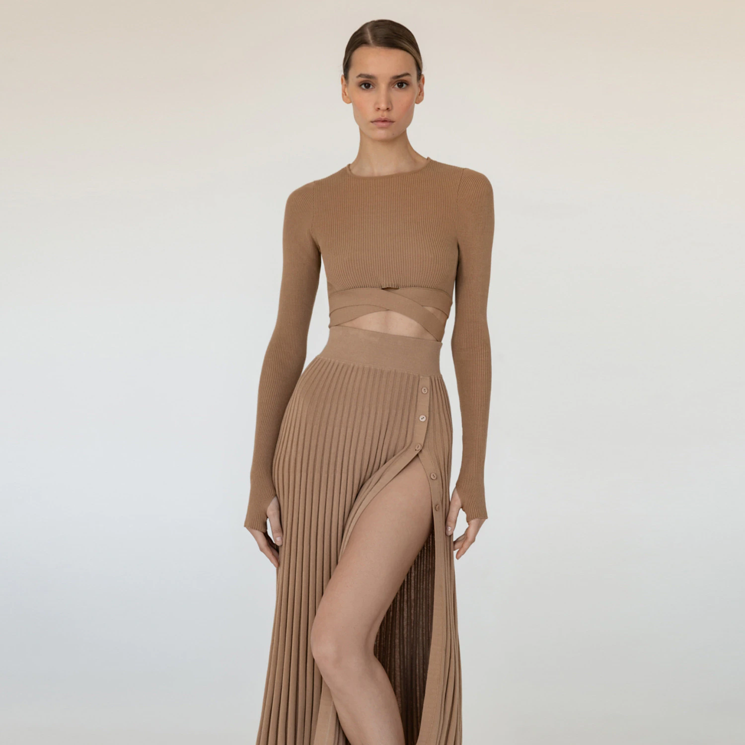Ootddress New White Knit Two Piece Women Sets Fall Ribbed Crop Top And Pleated Knitted Skirt Suits For Women Midi Dress Sets 2025