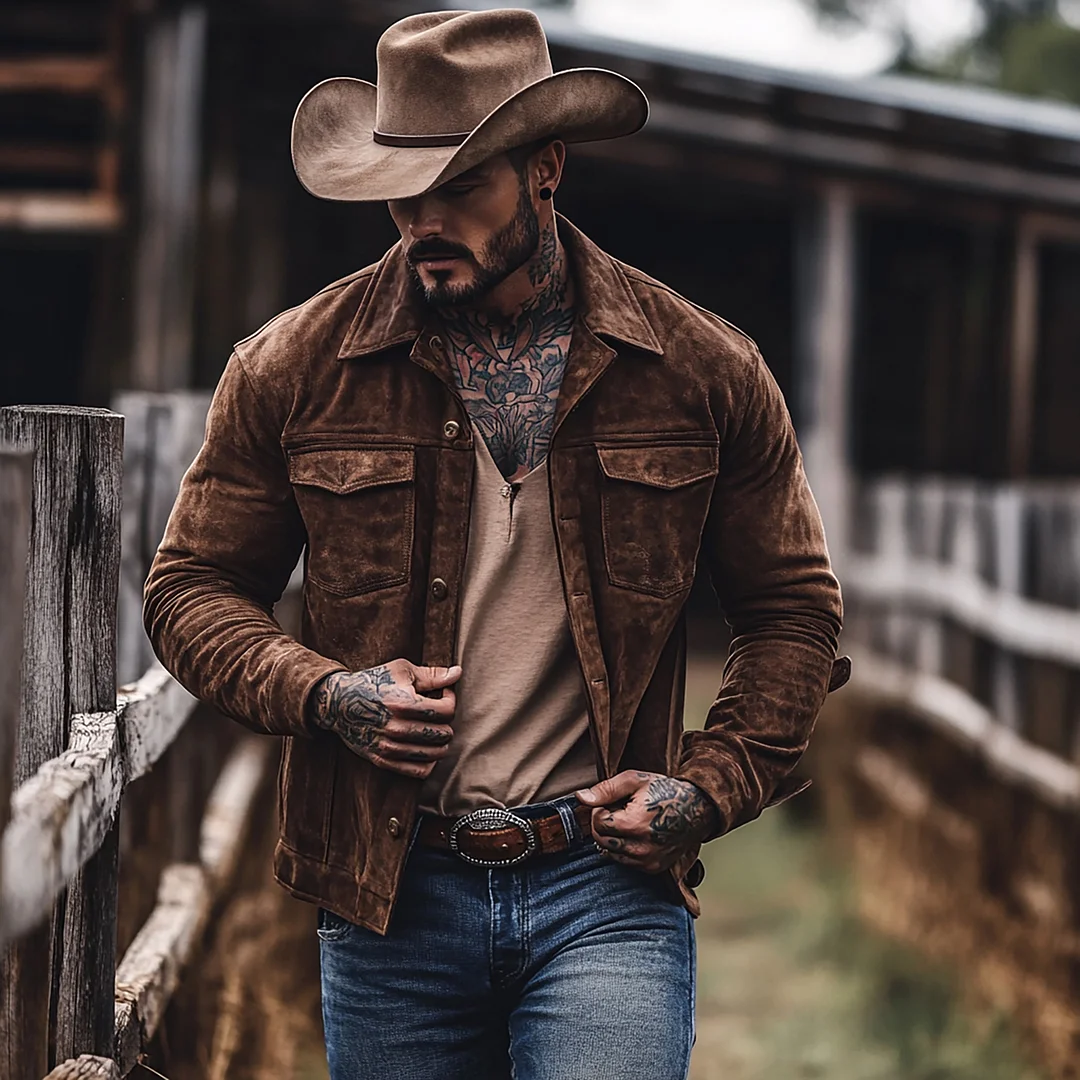 Retro Men's Outdoor Western Style Suede Jacket Jacket Zipper Lapel Cropped Jacket