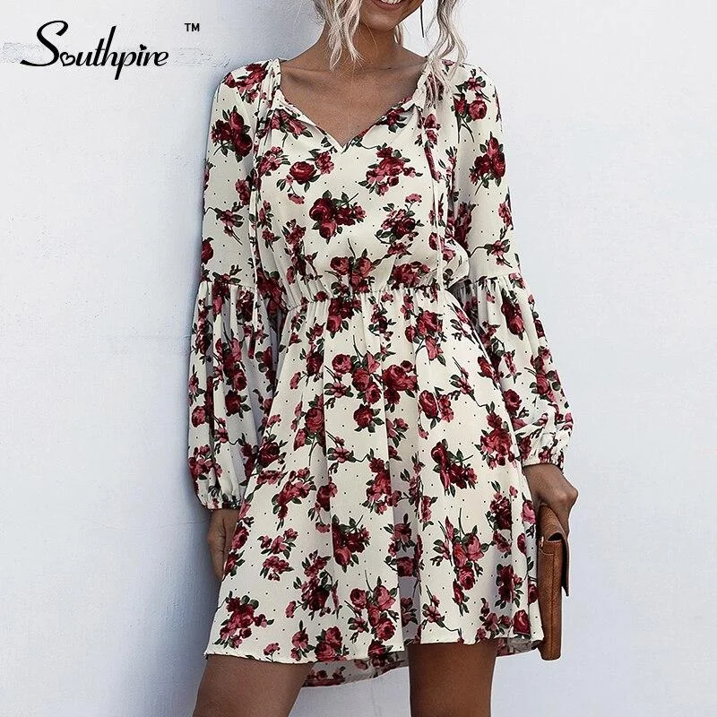 Back To College Southpire Women's Fashion Flower Print Party Dress Autumn Winter Full Lantern Sleeve Mini Casual Dress Ladies Holiday Clothing