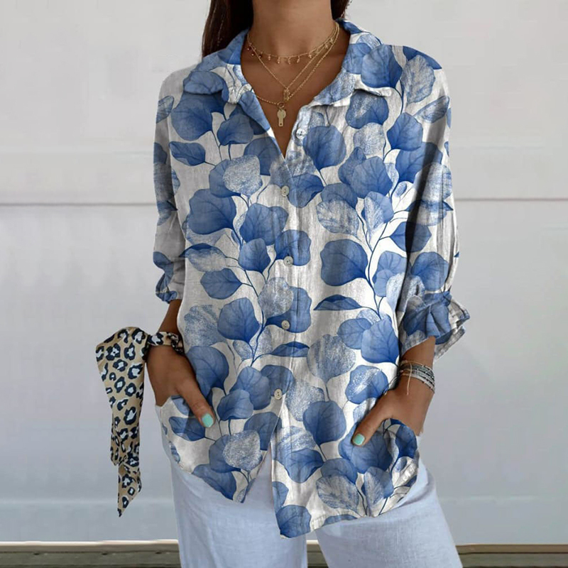 Comstylish Fresh Floral Art Print Casual Linen V-Neck Shirt
