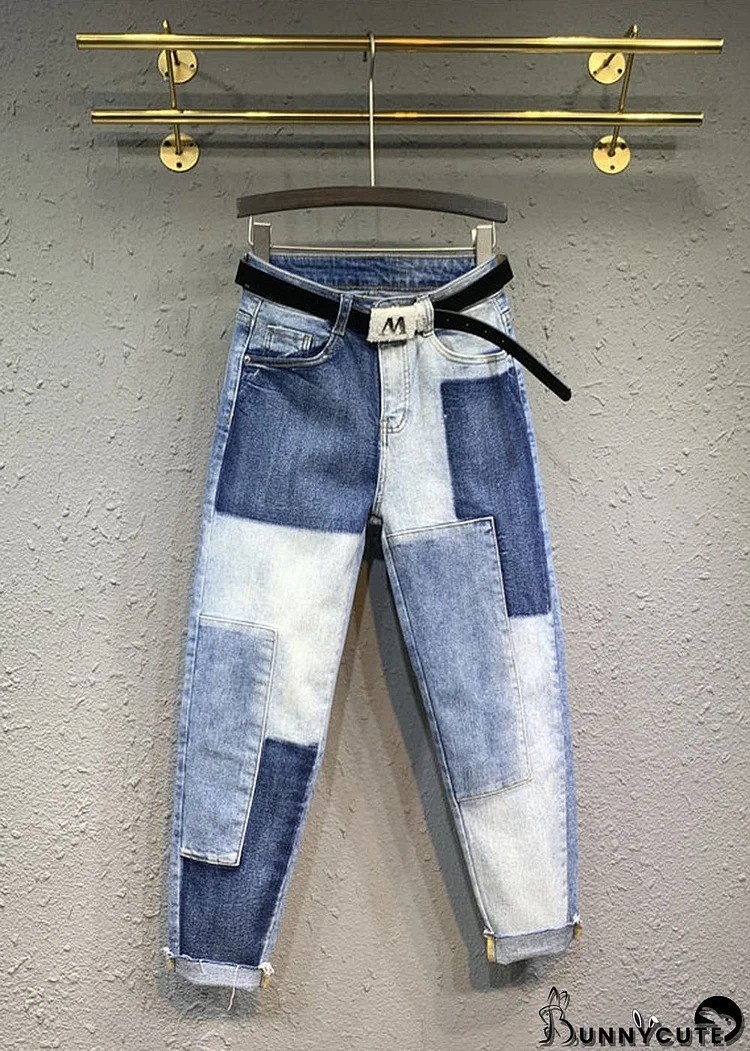 DIY Blue High Waist Pockets Patchwork Denim Pants Fall