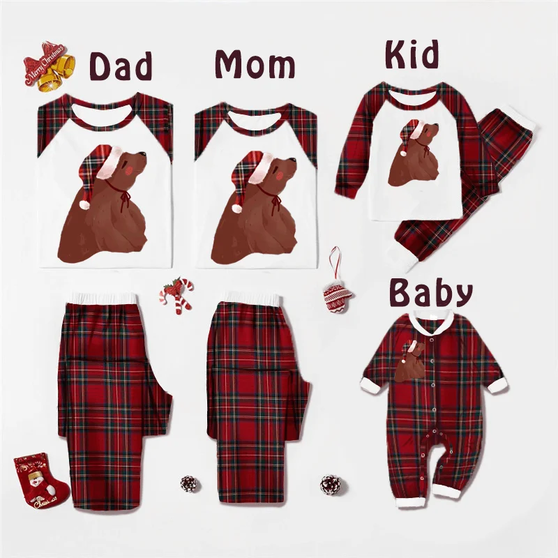 Family Matching Lovely Bear Wearing Christmas Hat Pajamas Sets