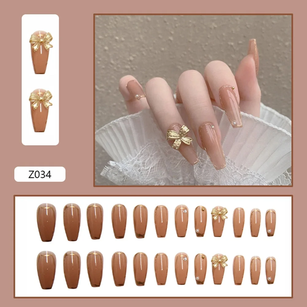 24Pcs Detachable Butterfly Rhinestone French Ballerina False Nails Artificial Coffin Full Cover Fake Nails With Glue Manicure-Nail Inspo