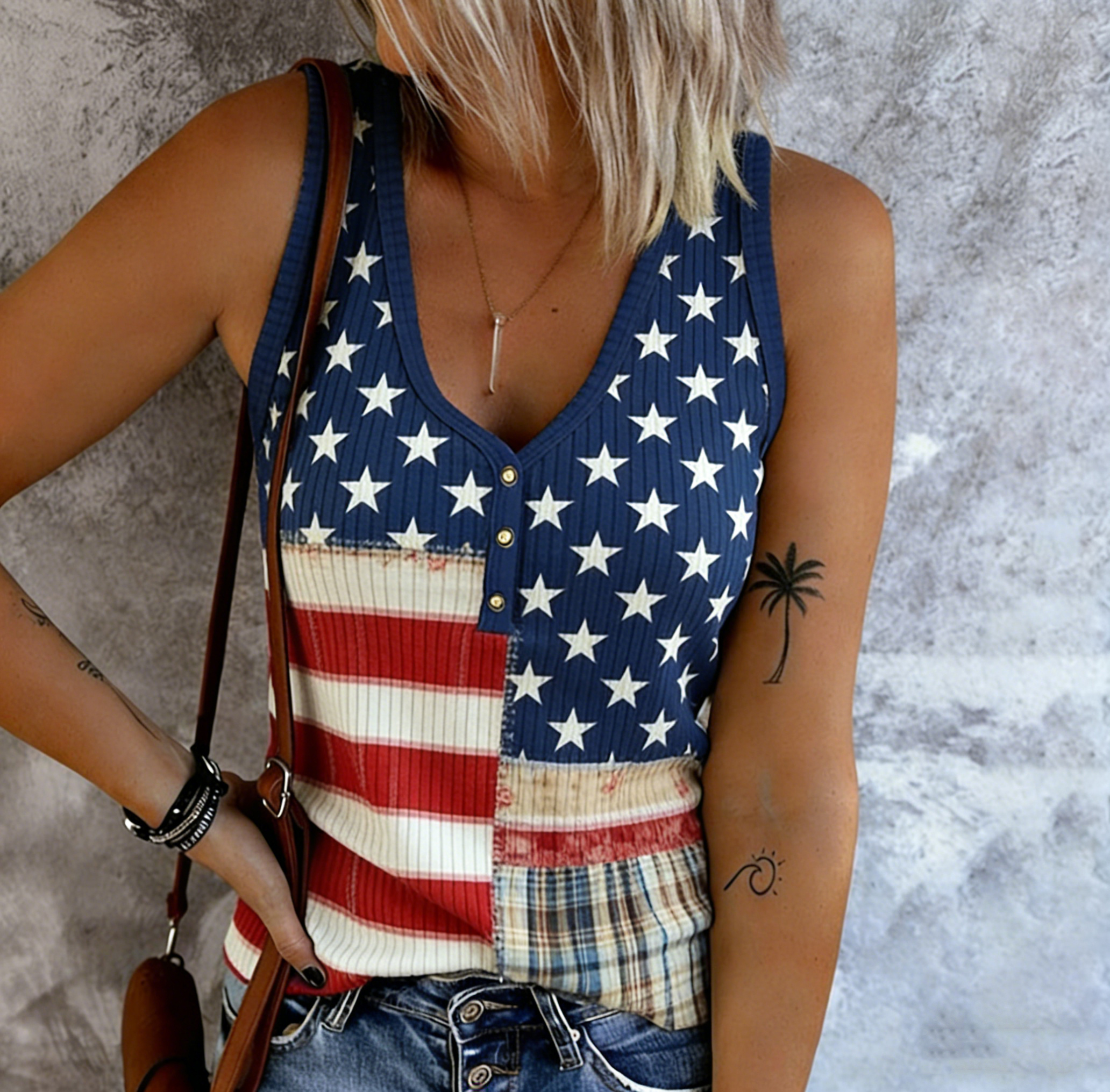 Comstylish Women's Retro July 14th Independence Day Ribbed Casual Vest