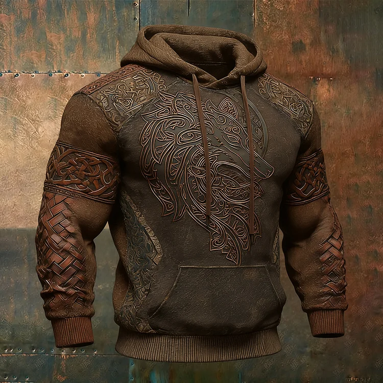 Men's Vintage Viking Wolf Celtic Patchwork Casual Hoodie
