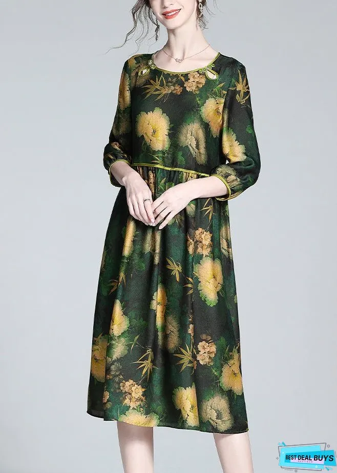 Stylish Green O-Neck Print Wrinkled Silk Long Dresses Spring