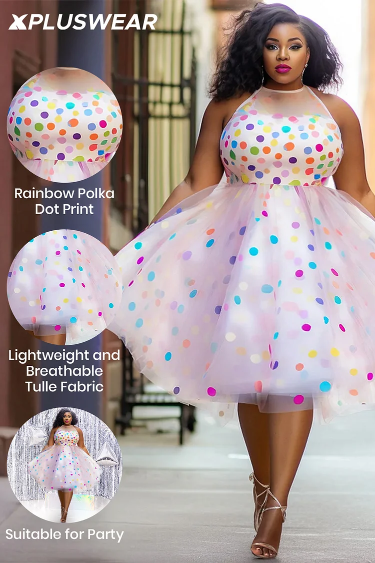 Xpluswear Design Plus Size Party Pink Polka Dot Round Neck Tulle Midi Dresses