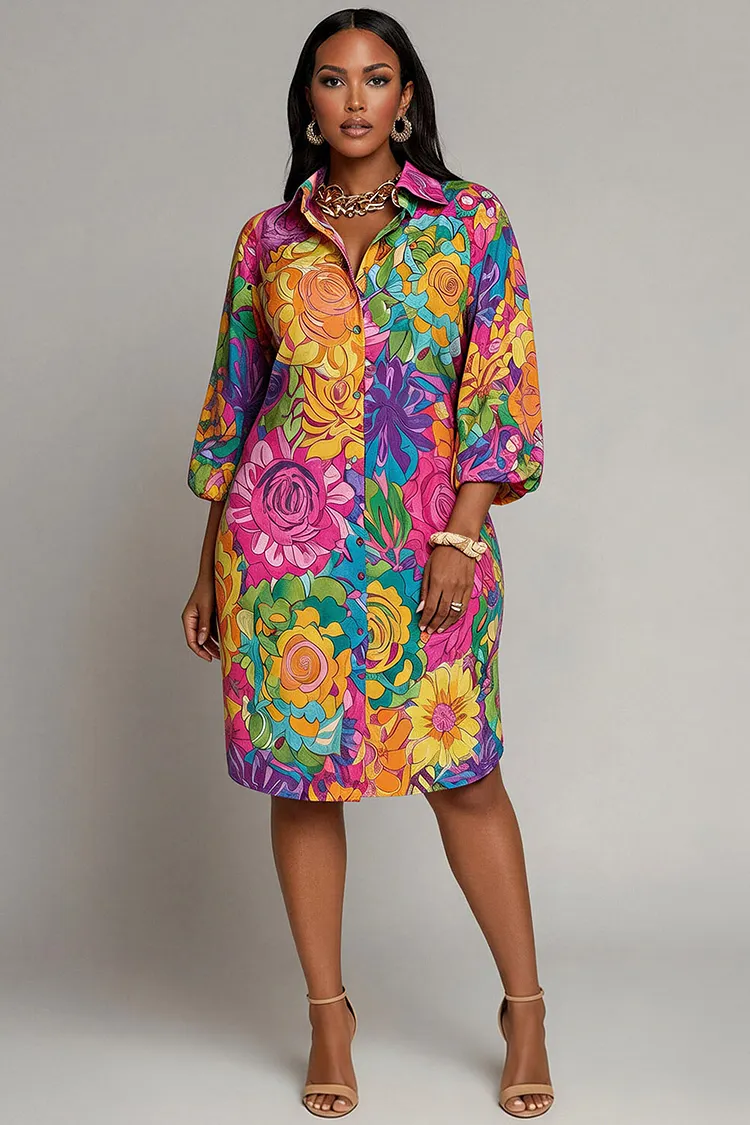 Xpluswear Design Plus Size Party Multicolor Floral Shirt Collar 3/4 Sleeve Pocket Midi Dresses [Pre-Order] 2024 - Xpluswear