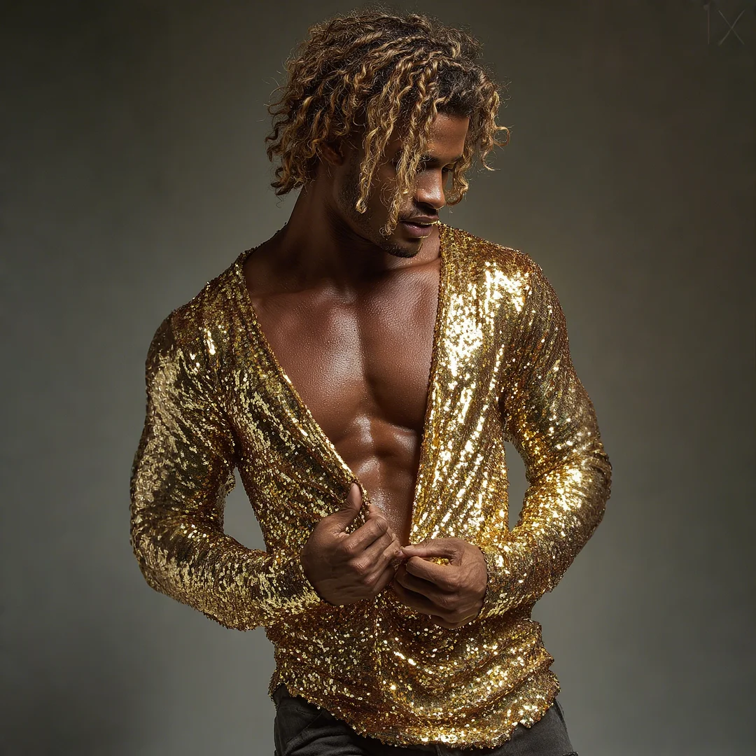 Men's Sequined Long-sleeved T-shirt With Subtle Shimmer, Sexy Low-cut Top-inspireuse
