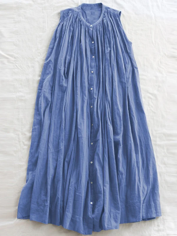 Loose Sleeveless Pleated See-Through Round-Neck Midi Dresses