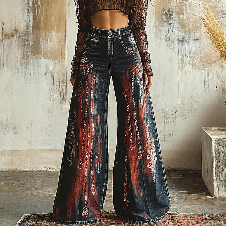 Vintage 90s Tie-dye Chain-decorated Denim Print Wide-leg Flared Trousers Casual Pants