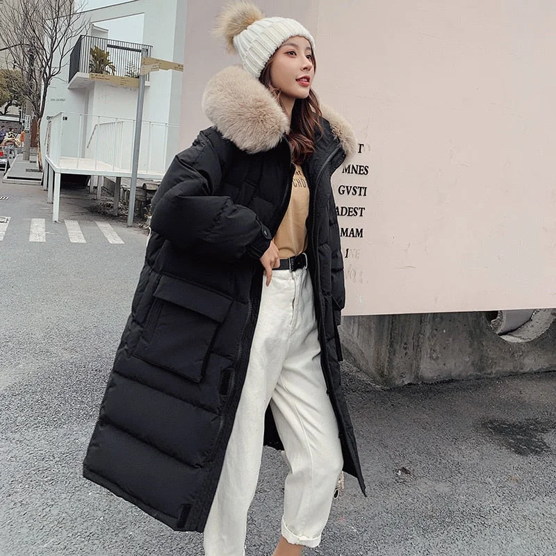 Fitaylor Winter Loose Windbreak Long Coat Women Real Natural Fur Hooded Jacket 90% White Duck Down Coat Thick Warm Snow Outwear