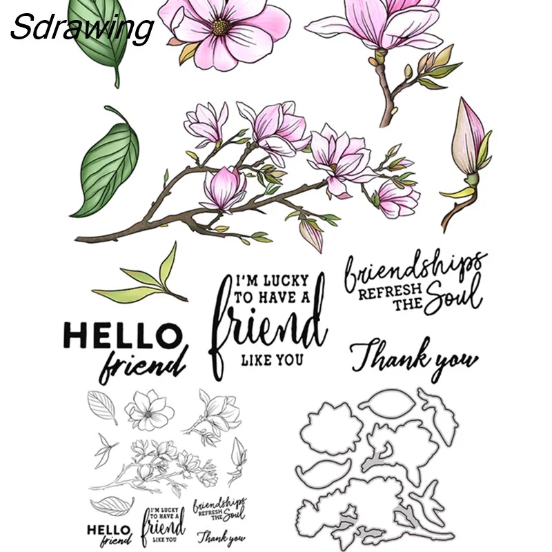 Sdrawing Blooming Magnolia Cutting Dies Clear Stamp DIY Scrapbooking Dies Stamps For Love Cards Mother's Day Gifts Decor