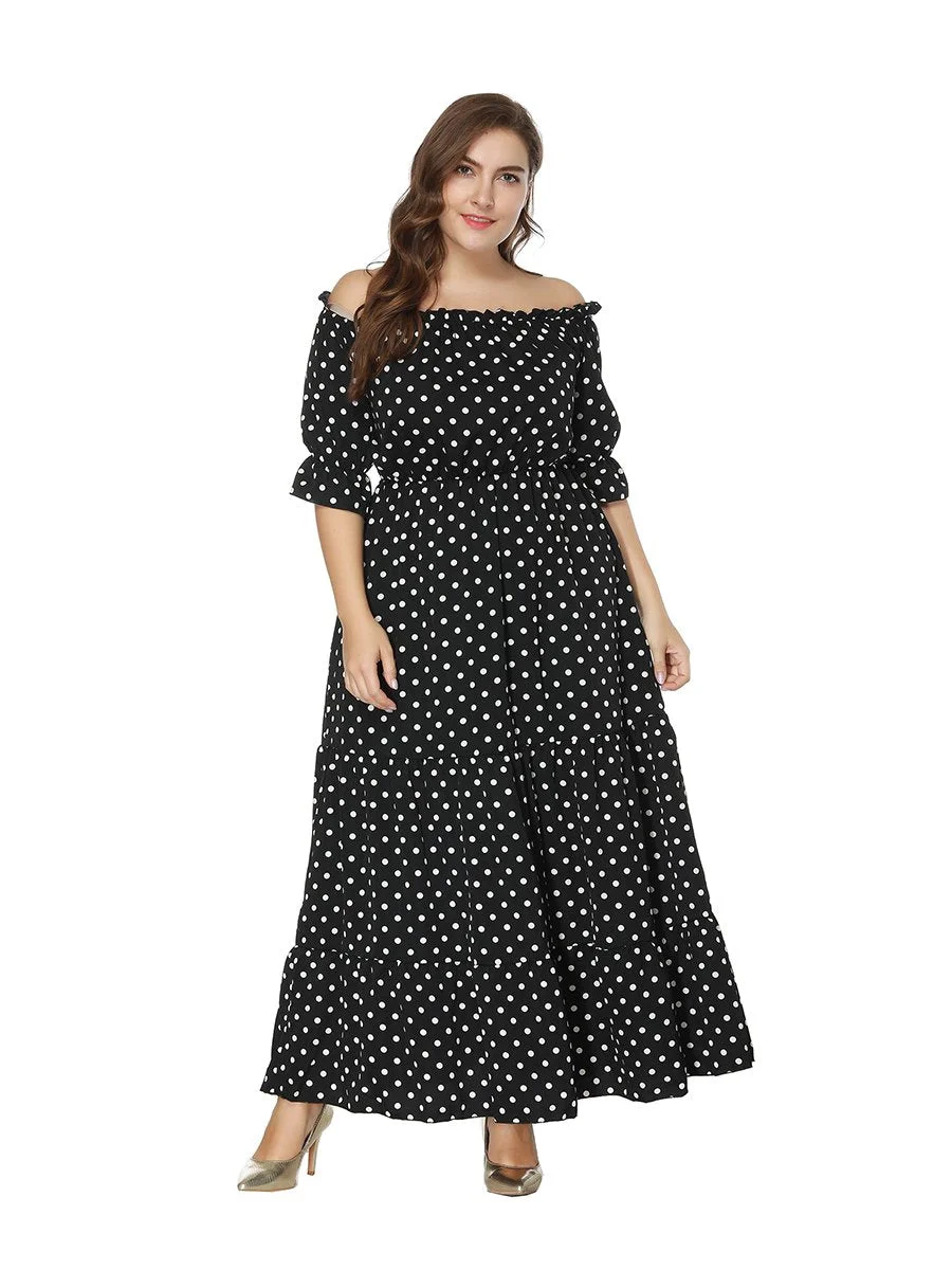 Plus Size Dress Vintage Style Polka Dot Off Shoulder Maxi Long Dress