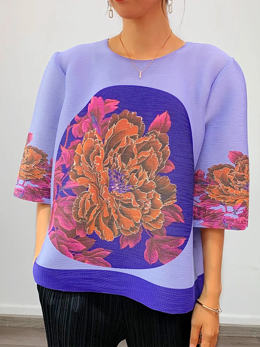 Pleated Printed Round Neck Half Sleeve T-Shirt
