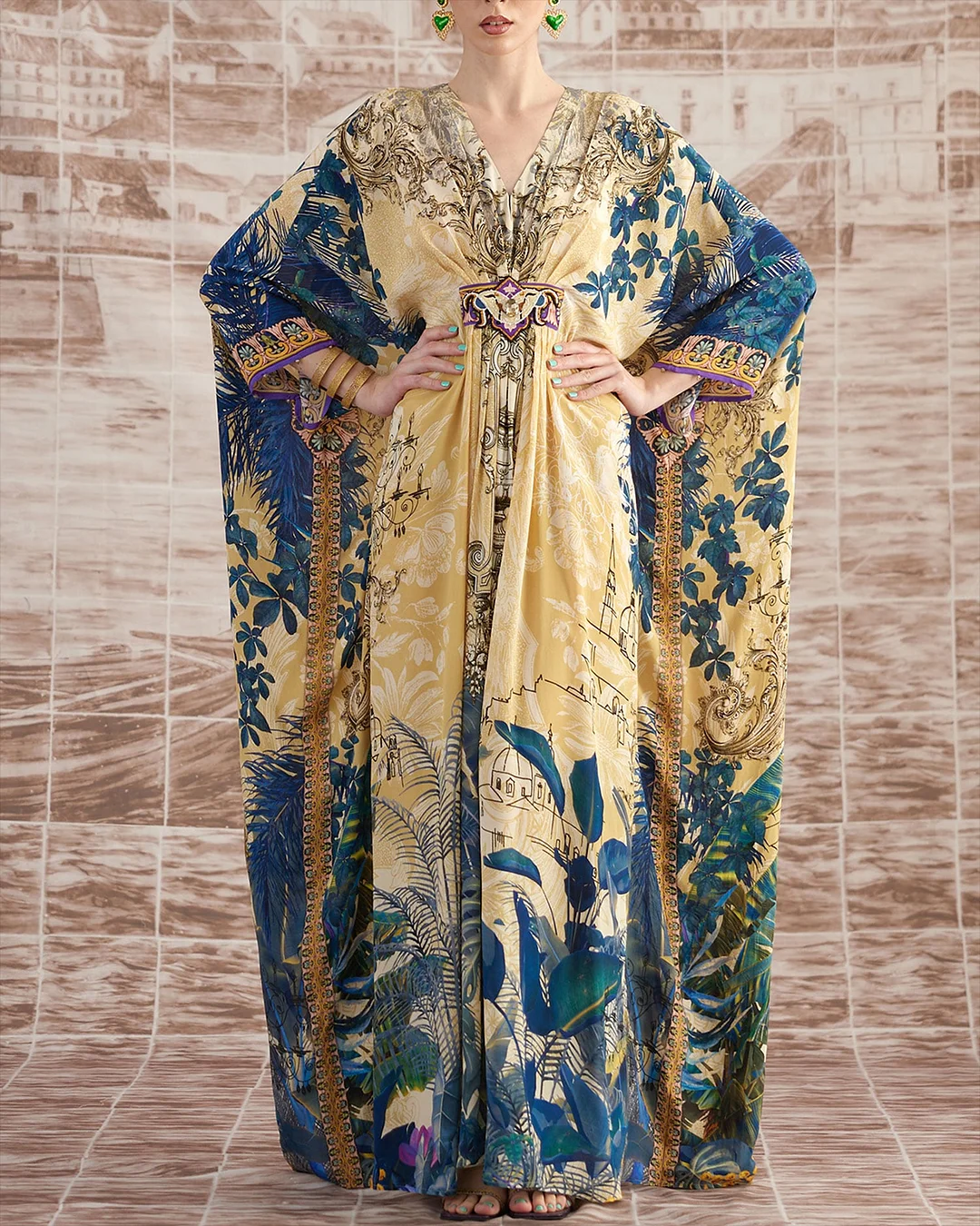 Women's V-Neck Printed Kaftan Dress