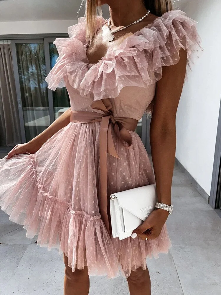 2022 Summer Ladies Sexy Deep V Neck Gauze Party Dress Women Elegant Solid Sleeveless Knee-Length Dress Streetwear Sweet Dresses