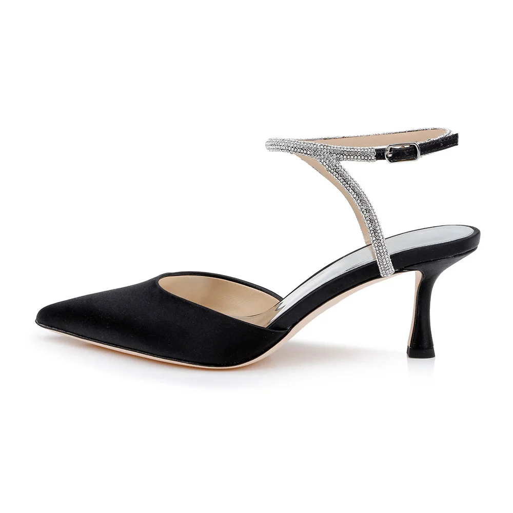 Pointed Toe Stiletto Heel Ankle Strap Black Pumps with Rhinestone