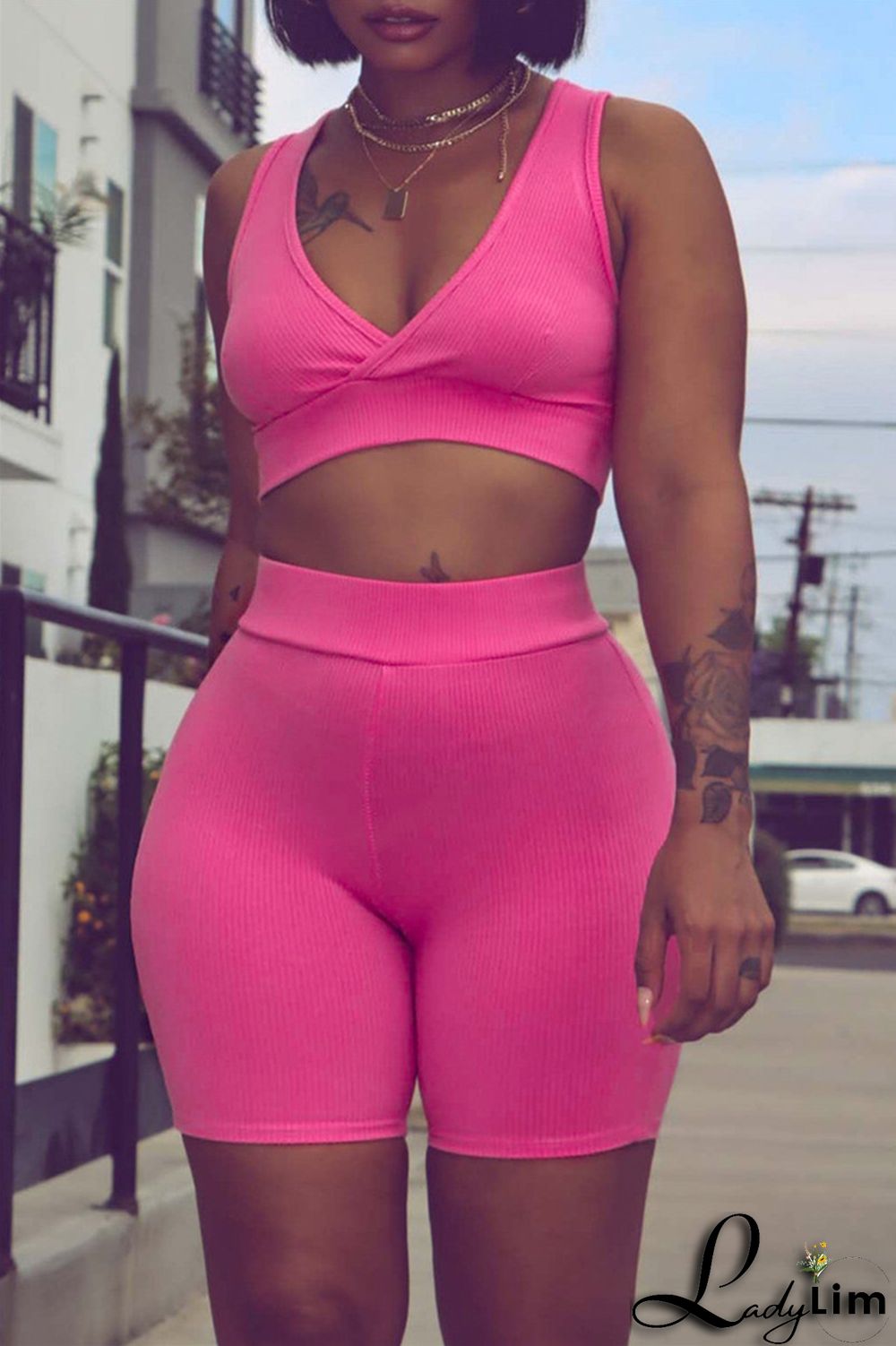 Blue Fashion Casual Sportswear Solid Patchwork V Neck Sleeveless Two Pieces